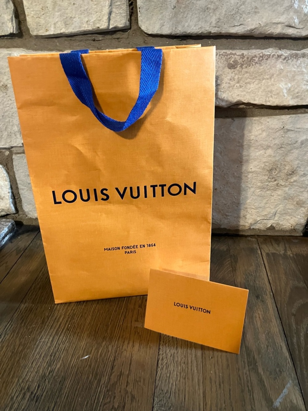 Louis Vuitton Orange Gift Bag with Blue Ribbon Handles and receipt holder